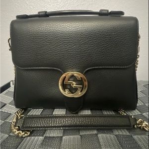Gucci Dollar Calfskin Interlocking G Top Handle Shoulder Bag in Black